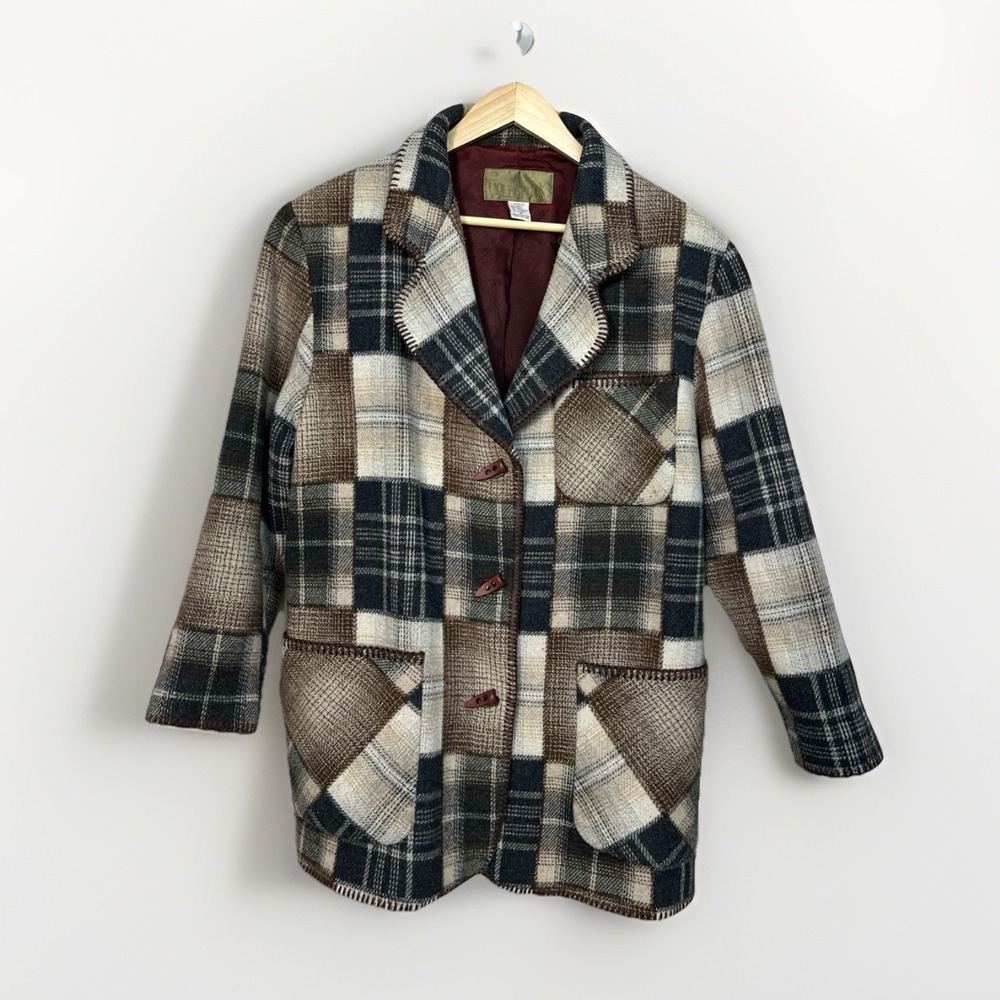 JL Colebrook Women's Medium‎ Plaid Patchwork Button Up Coat Lined Wool Blend